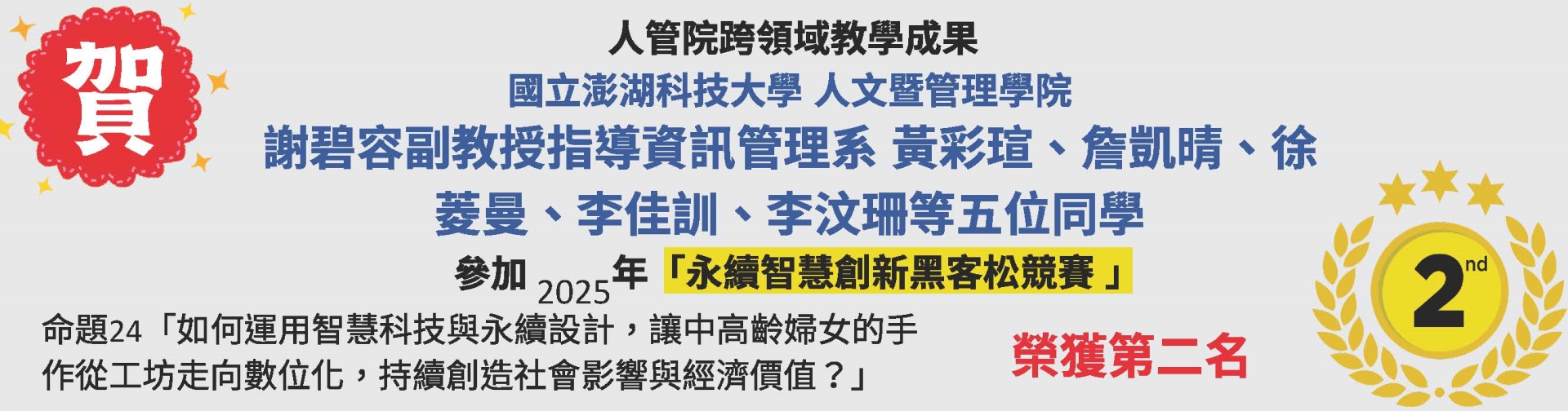 謝碧容副教授指導學生獲獎第二名